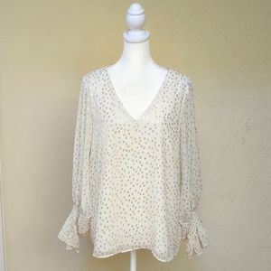 1. State Cream and Metallic Gold Printed  V Neck Smocked Cuff Blouse Size Large